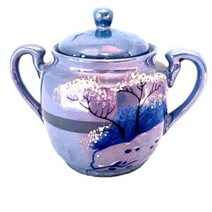 Vintage RS Made in Japan Lusterware Sugar Bowl | Iridescent Blue Landscape Scene